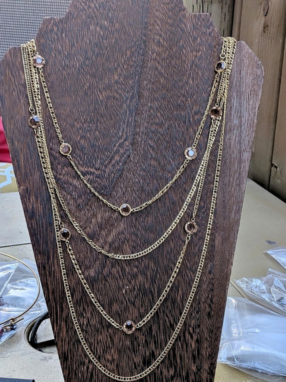 Vintage D’Orlan Signed Gold Triple Strand Amber Crystal Station Necklace